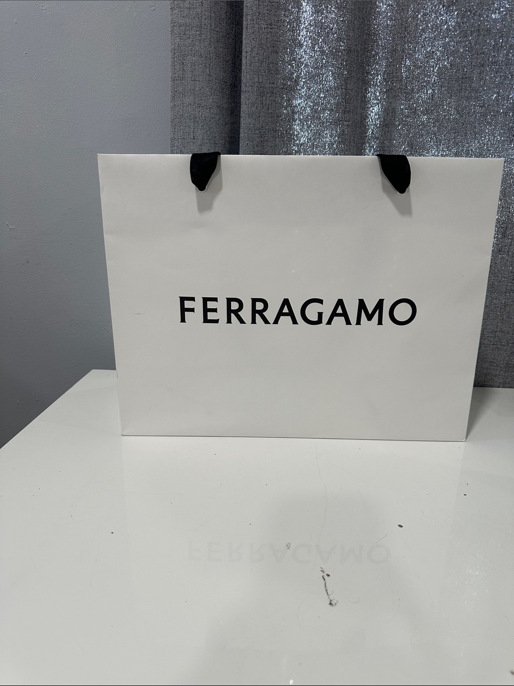 Authentic Paper Ferragamo White Shopping Bag with Black Handles
